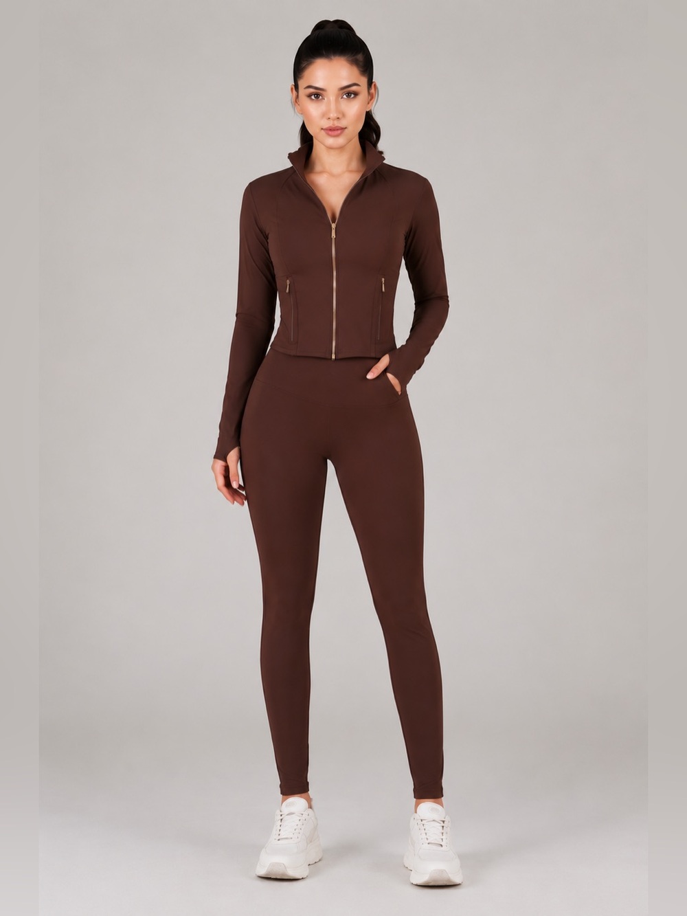 Yoga Brown High-Waist Leggings with Zip-Front Jacket Set